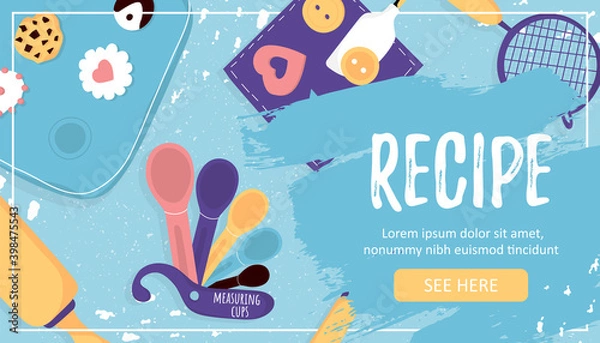 Fototapeta Template banner with baking essentials and tools and Recipe word