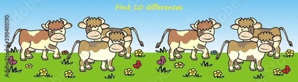 Obraz cows on meadow, find ten differences, vector illustration