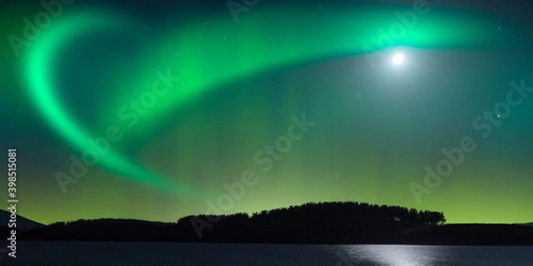 Obraz Beautiful night landscape with rainbow at the starry sky . Forest and lake.