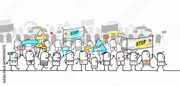 Fototapeta Cartoon Protesting and Walking group of People