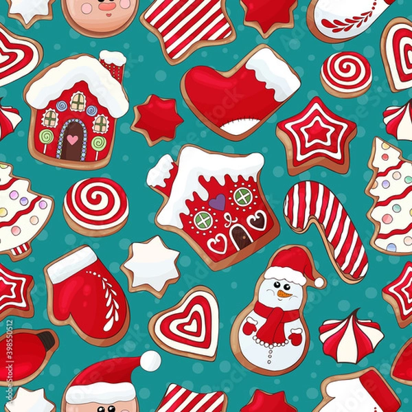 Fototapeta Gingerbread cookies pattern. Christmas cookies print. Many types christmas sweets. Happy New Year delicious pattern. Gingerbread house, gingerbread man cookies print. Christmas glazed cookie wallpaper
