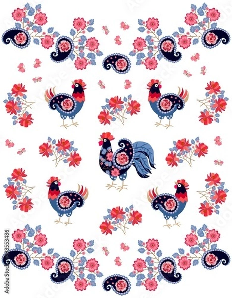 Fototapeta Patterned cockerels and hens with wings in the form of paisley, flying butterflies and bouquets of red flowers on a white background. Fabulous print for fabric, wallpaper. Russian folk motif.