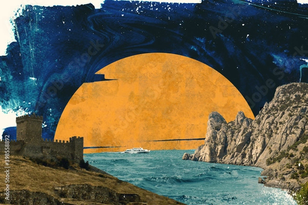 Fototapeta Surreal collage composition made of cutted photos with vintage toning. Seascape of fortress and rock on sundown evening. Dadaism minimal contemporary art.