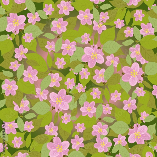 Fototapeta A floral pattern with pink flowers and leaves. Cherry blossoms