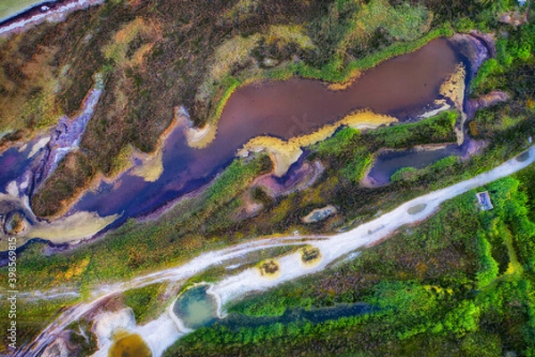 Fototapeta Surreal landscape from above with forest and lakes. Interesting shapes and bright contrasting colors.