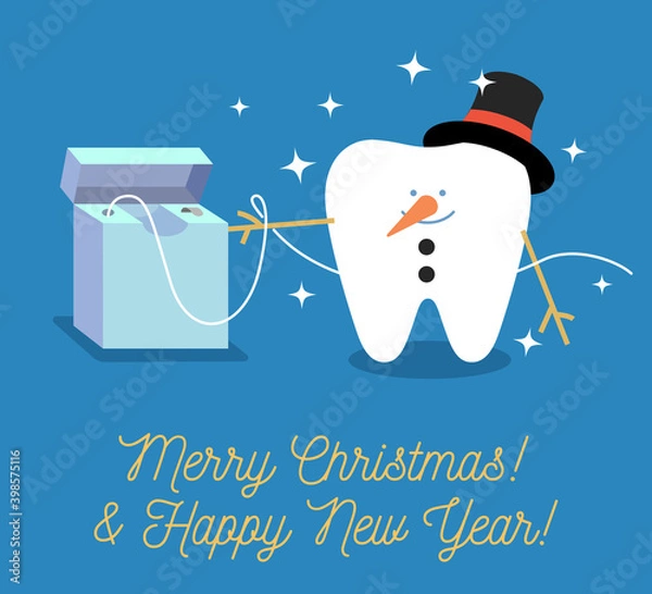 Fototapeta Tooth Snowman. Christmas greeting card from a dentist. Cartoon tooth with dental floss. Merry Christmas and a Happy New Year!