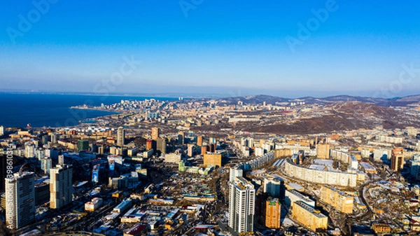 Fototapeta Winter view of vladivostok photographed on a drone
