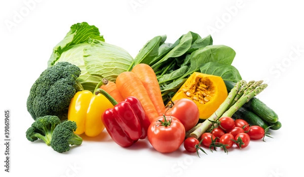 Fototapeta A collection of various vegetables placed on a white background