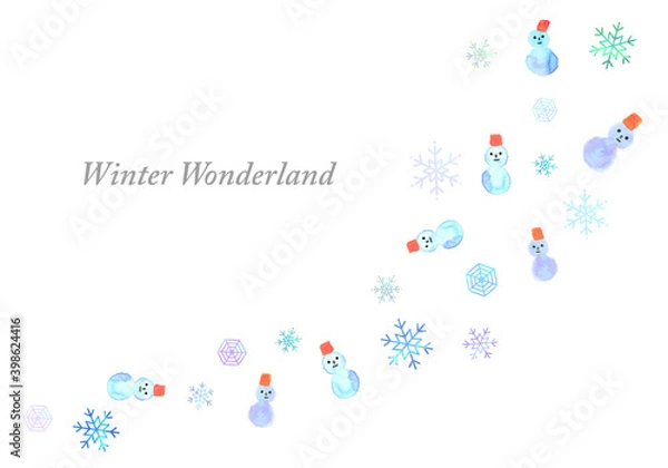Fototapeta 水彩の雪だるまと雪の手書きイラスト素材