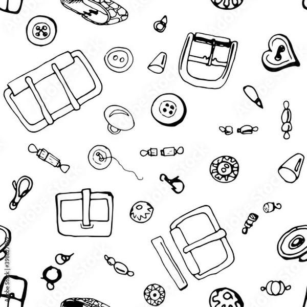 Fototapeta Simple seamless fashion pattern with accessories for bags and jewelry. buckles, buttons, caps and clasps. This vector is suitable for packaging, wallpaper, fabric design, handmade and atelier