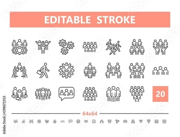 Fototapeta Group of people 20 line icons. Vector illustration in line style. Editable Stroke, 64x64, 256x256, Pixel Perfect.