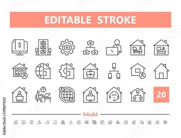 Fototapeta Work at Home 20 line icons. Vector illustration in line style. Editable Stroke, 64x64, 256x256, Pixel Perfect.