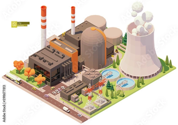 Fototapeta Vector low poly nuclear power plant infrastructure. Includes reactors, cooling towers, power lines and other related structures