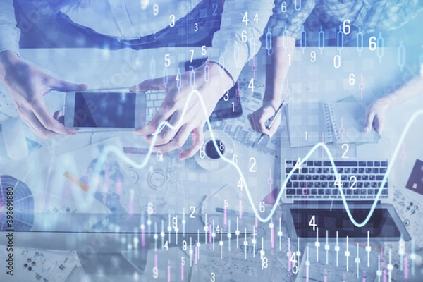 Fototapeta Double exposure of man and woman working together and financial chart hologram drawing. market analysis concept. Computer background. Top View.