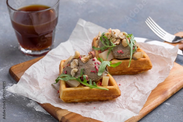 Obraz Belgian waffle with liver pate and hazelnut and glass of coffee on gray background