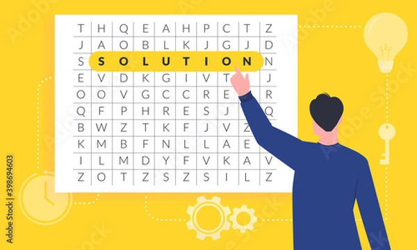 Fototapeta Business man finding the new ideas and solution illustration. Highlighted word solution in the mess crossword game. Entrepreneur searching the key to solve the problem in challenging times