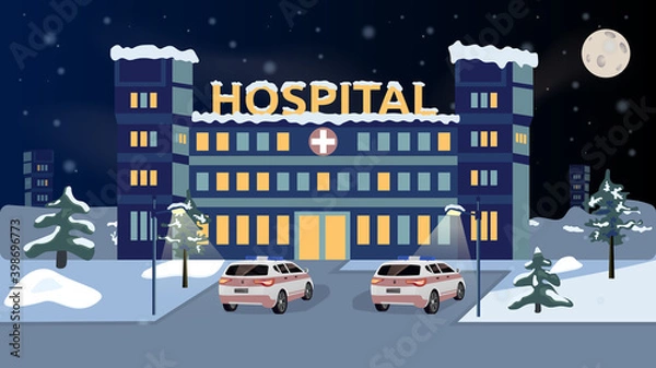 Obraz Medical clinic with ambulances. Outside view of the hospital at night. Winter evening. Snow in the city on the building. Health care. Medicine. Vector