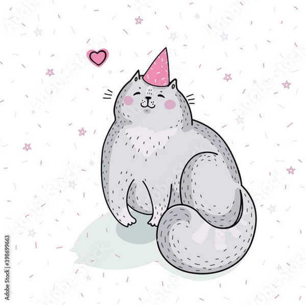 Fototapeta vector template of birthday greeting card, cute cat with love 