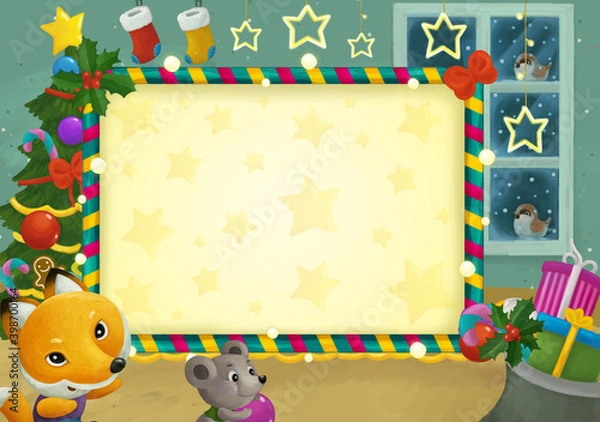 Obraz cartoon scene with christmas room and frame illustration
