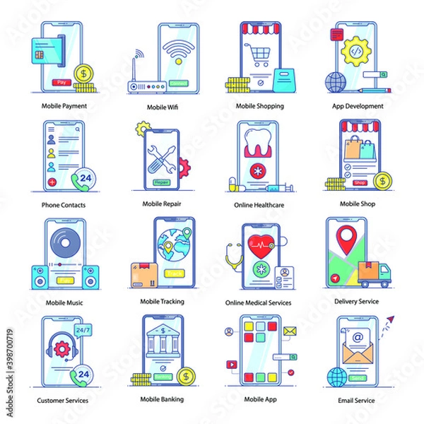Fototapeta 
Pack of Mobile Applications and Services Flat Outline Icons 
