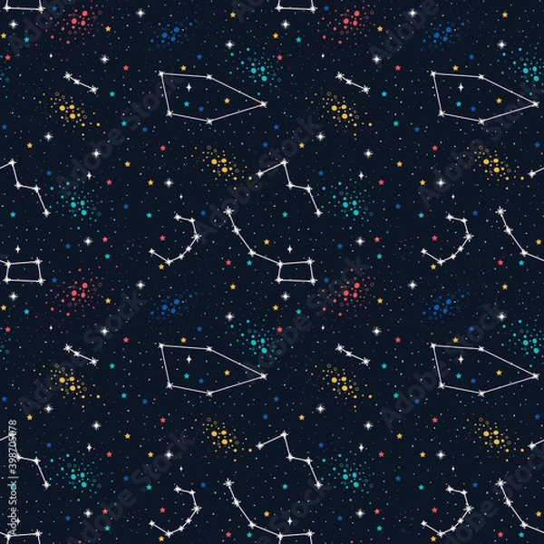 Fototapeta Space Galaxy constellation seamless pattern print could be used for textile, zodiac star yoga mat, phone case. Vector.