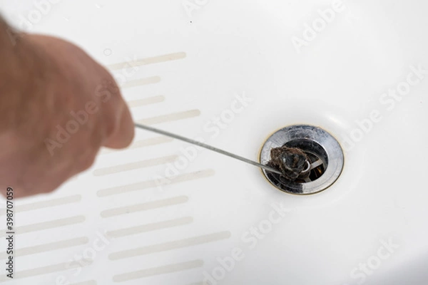 Obraz cleaning the clogged bathroom drain.