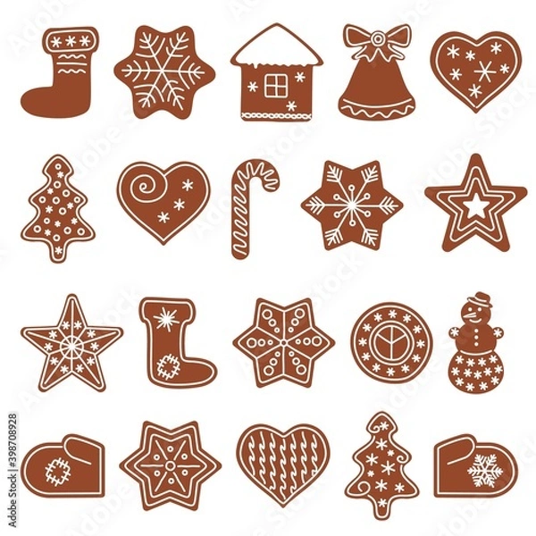 Obraz Set with gingerbread cookies of different shapes. Christmas holiday cookies. Vector illustration