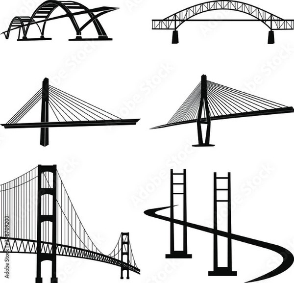 Obraz Bridges silhouette perspective vector icon set, bridges constructions, Isolated silhouette bridges icon set
