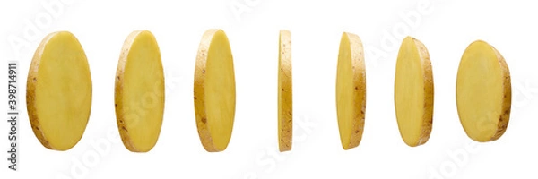 Fototapeta Potato slices isolated on white background, levitating
