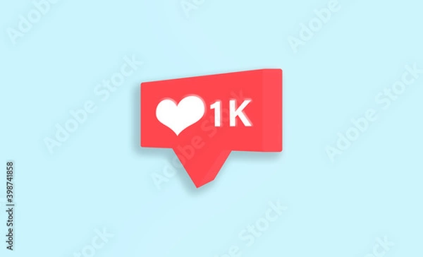 Fototapeta Three-dimensional social network icon in red, one thousand likes, with a heart and the text "1K" in white, on a blue background