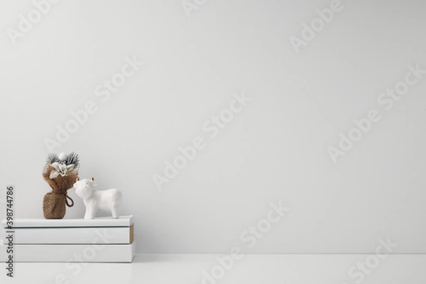 Obraz Porcelain figurine of a bull and New Year's decor and candles. Copy space, mock up.