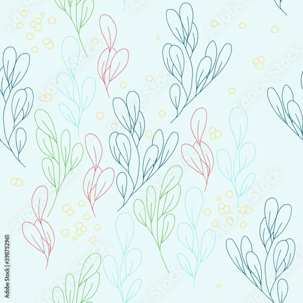 Fototapeta Seamless pattern of ink hand-drawn branches, leaves and berries.