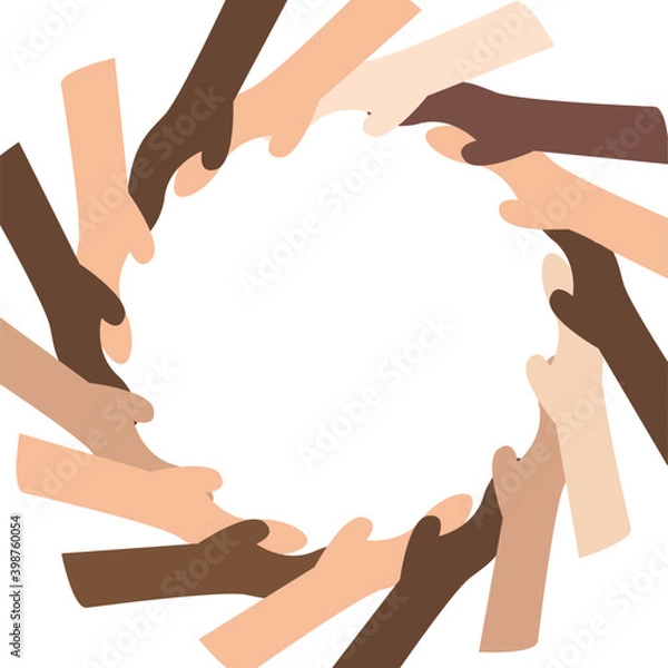 Fototapeta Vector illustration with people's hands described united community all over the world. Hand in hand different nationality.Circle made of hands
