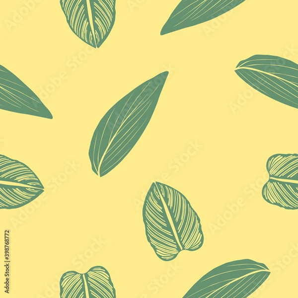 Fototapeta Green Leaves with yellow color background. Tropical theme. Seamless pattern. Vector Illustration