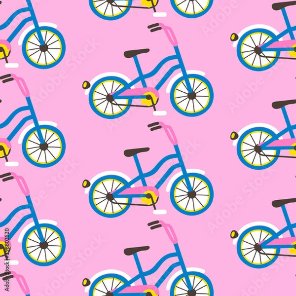 Fototapeta Seamless pattern with bicycles on pink background. Vector illustration in flat cartoon style for wrapping paper, textile print, wallpaper
