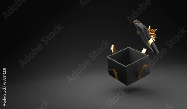 Fototapeta Black gift open box with golden bow on black background 3D Rendering