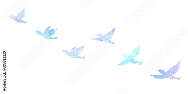 Fototapeta 群れて飛ぶ鳥　カラーシルエット　水彩イラスト