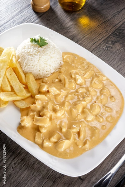 Fototapeta Strogonoff de frango com fritas view top