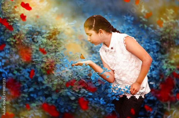 Obraz Girl catching butterfly outdoor in the nature