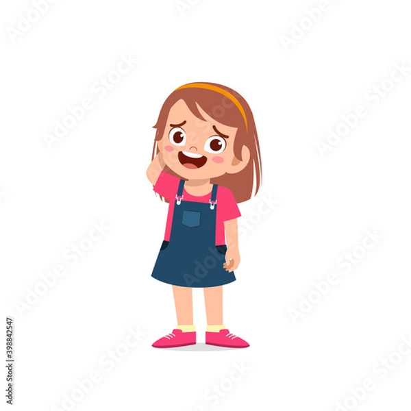 Fototapeta cute little kid girl show unsure and confused pose expression