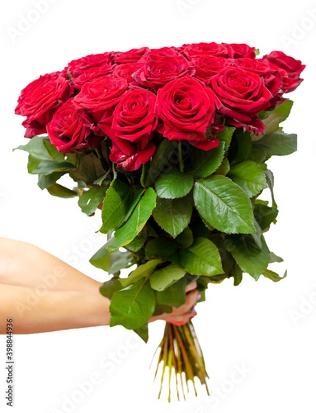 Fototapeta Bouquet of red roses in hand