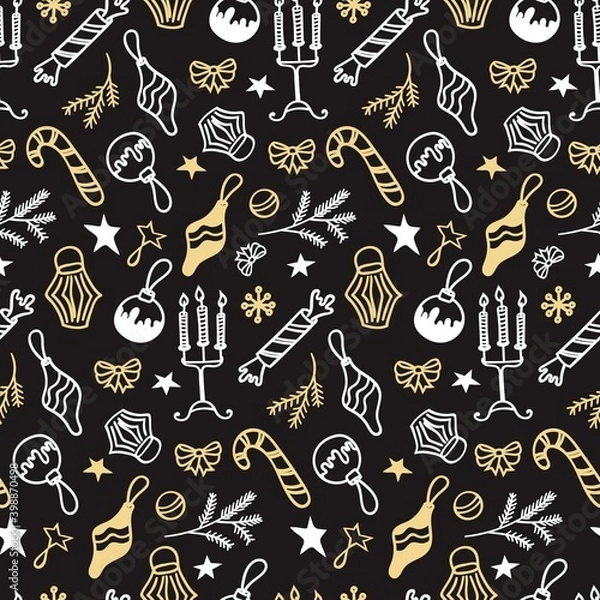 Fototapeta Gold and silver Christmas toys,gifts and candles on a black background.  Vector seamless texture in doodle style.Winter elements for packaging paper design, textile printing,wallpaper.