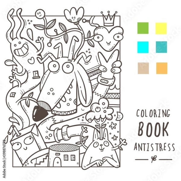 Fototapeta Coloring book antistress with funny cute cartoon creatures. Doodle print with dog and rabbit. Line art poster.