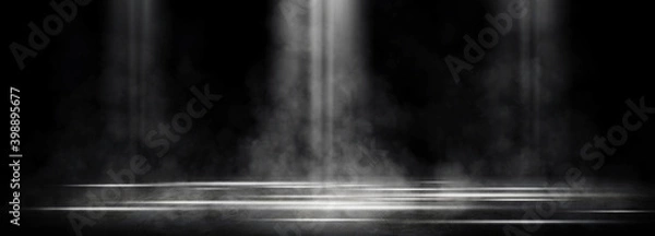 Fototapeta Empty space of Studio dark room with spot lighting and fog or mist on concrete floor in black background.