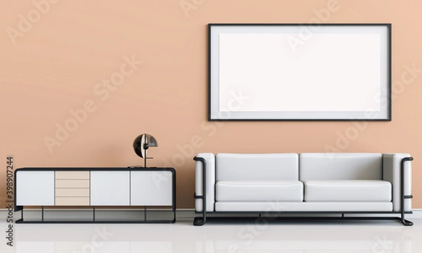 Fototapeta mock up poster frame in interior living room and sofa, 3D render