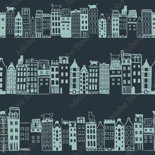 Obraz Vector dark blue green city cats seamless pattern
