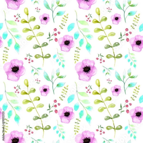 Fototapeta Watercolor illustration. Seamless pattern on a white background from light plants, green twigs, berries. Seamless pattern for print, background, fabric, etc.