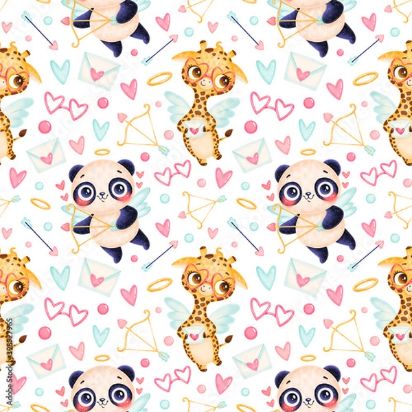 Fototapeta Valentine's day animals seamless pattern. Cute cartoon panda and giraffe cupids seamless pattern.