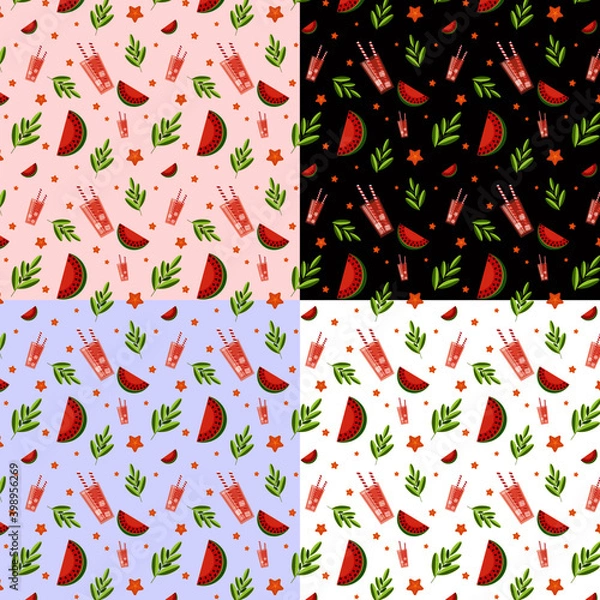 Fototapeta Pattern with coctails, watermelon, exotic leaves and different backgrounds.