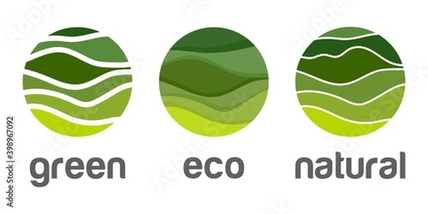 Obraz Abstract green logo vector icon, sign organic technology food and cosmetology.Design template symbol eco bio engineering, natural product. Illustration with nature Green wave background hill landscape